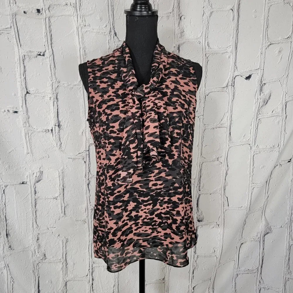 CABI Tie Neck Workwear Professional Camo Print Sleeveless Top Blouse Sz SM, S